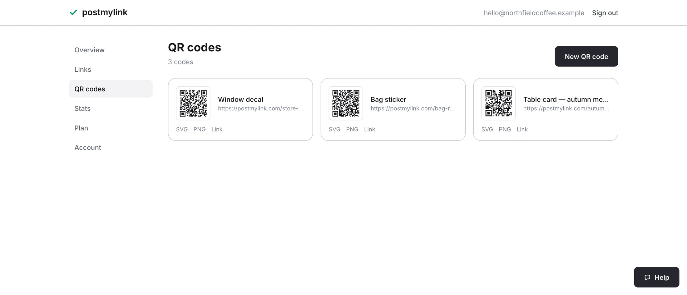 The QR codes page: saved codes with their names, the short link each points at, and download links for SVG and PNG.